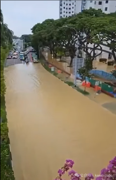 新加坡一组屋水管爆裂，附近道路淹成小河