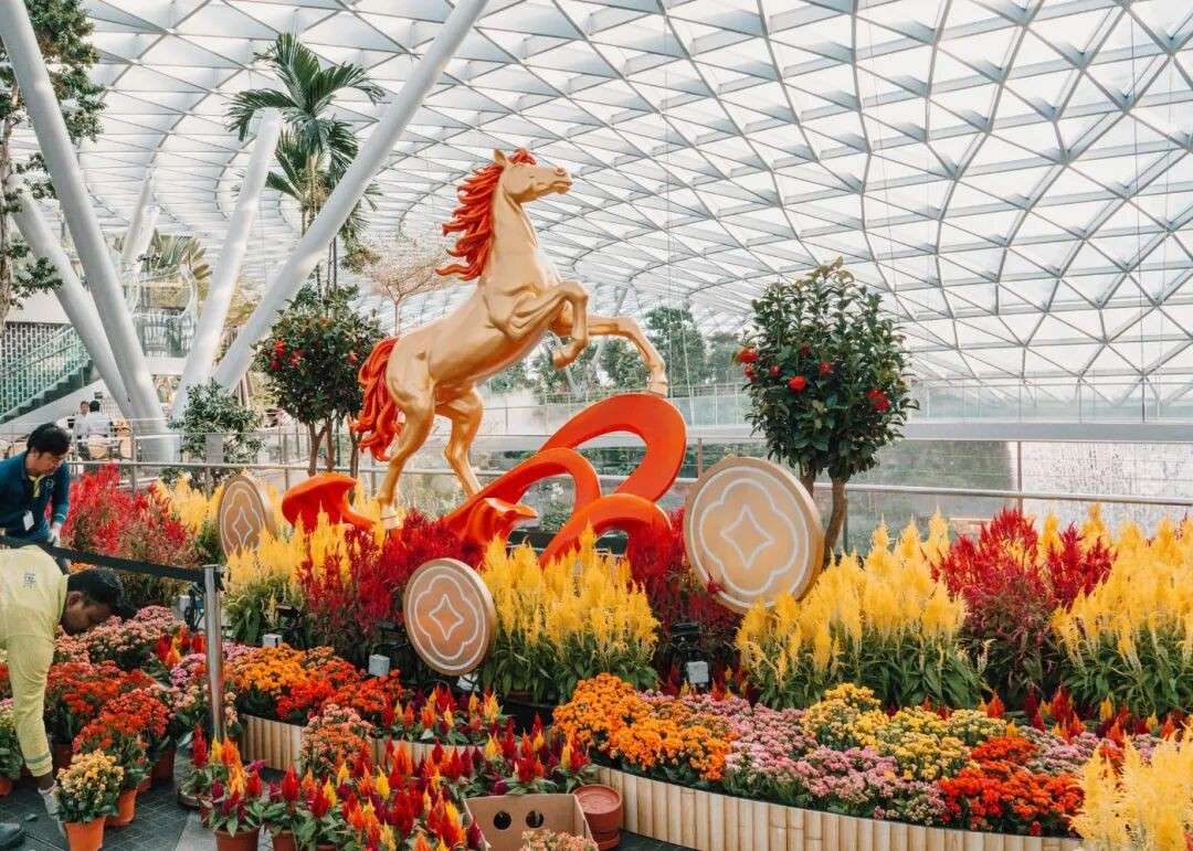 樟宜机场马年新春装饰上线!会动的骏马、巨型花拱门...太好拍了